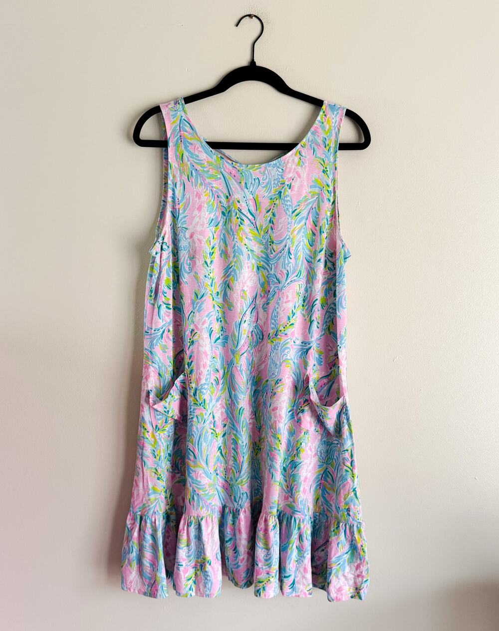 Lilly Pultizer Blue Pink Unicorn of the Sea Kristen Flounce Pocket Dress Large